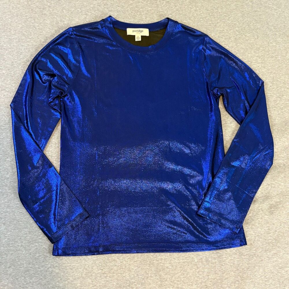 Porridge Anthropologie Blue Metallic Sheer Mesh Shine Top‎ M Festival Y2K